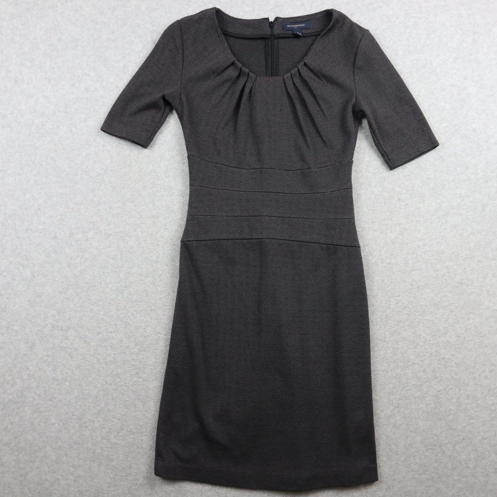 Banana Republic Dress Womens 0 Pleated‎ Neck Sheath Gray Herringbone 1/2 Sleeve